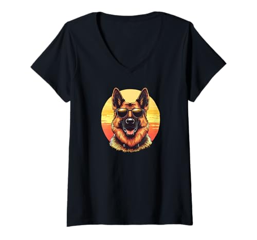 Damen Zeichnung eines niedlichen Schäferhundes mit Sonnenbrille T-Shirt mit V-Ausschnitt Damen Zeichnung eines niedlichen Schäferhundes mit Sonnenbrille T-Shirt mit V-Ausschnitt von Pets by Guntah