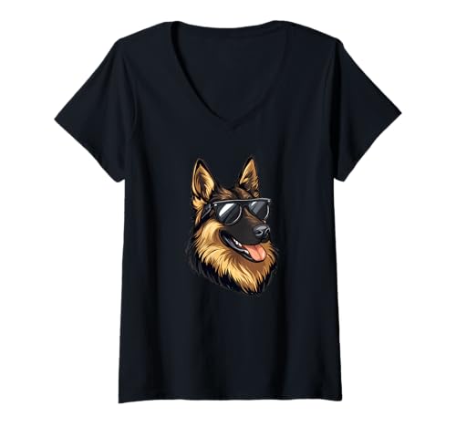Damen Zeichnung eines niedlichen Schäferhundes mit Sonnenbrille T-Shirt mit V-Ausschnitt Damen Zeichnung eines niedlichen Schäferhundes mit Sonnenbrille T-Shirt mit V-Ausschnitt von Pets by Guntah
