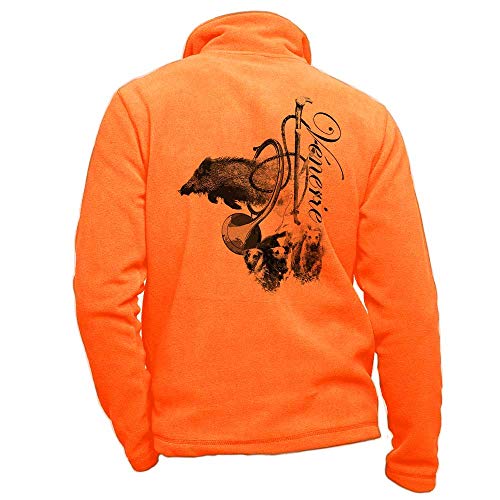 Jagdjacke aus Fleece, orange personalisiert mit Wildschwein, Hunde und Veranstaltung - Jagdjacke Größe 4XL von Pets-easy