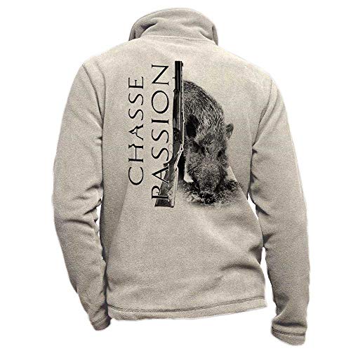 Personalisierte beige Fleece-Jagdjacke mit einem Wildschwein, Jagdleidenschaft - Jagdjackengröße 4XL von Pets-easy