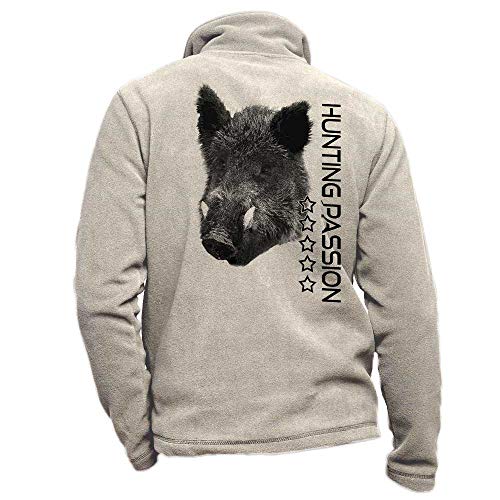 Pets-easy Fleecejacke mit Wildschwein und Hunting Passion – personalisierbare Jagdbekleidung mit einem Wild, beige, 3XL von Pets-easy