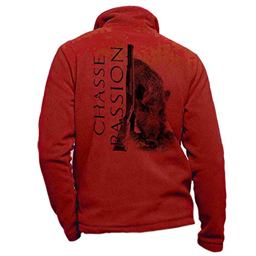 Pets-easy Jagdjacke aus rotem Fleece, personalisiert mit einem Wildschwein, Jagdleidenschaft - Jagdjacke Größe 4XL von Pets-easy