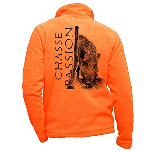Orange Fleecejacke personalisiert mit einem Wildschwein, Jagdleidenschaft - Jagdbekleidung Größe S von Pets-easy