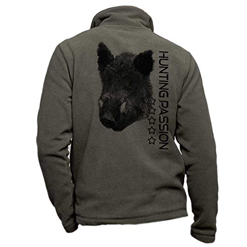 Pets-easy Personalisiertes Jagdvlies in Khaki mit Wildschwein und Jagdleidenschaft - Jagdoutfit Größe L von Pets-easy