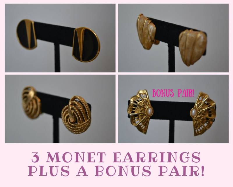 Lot Von 3 Monet Clip Auf Ohrringe + Bonus Paar/Gold Ton Lot Von 3 Monet Clip Auf Ohrringe + Bonus Paar/Gold Ton von PetticoatsPearlsShop