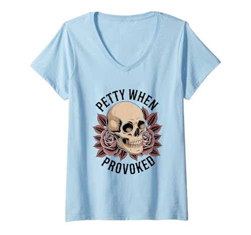 Damen Von Petty Wren provoziertes Totenkopf-Rosenmotiv T-Shirt mit V-Ausschnitt Damen Von Petty Wren provoziertes Totenkopf-Rosenmotiv T-Shirt mit V-Ausschnitt von Petty Wren Skull Rose Aesthetic Design