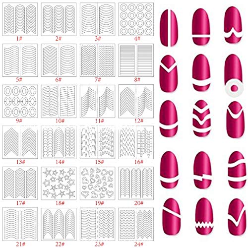 24 Blatt French Maniküre Aufkleber, Selbstklebende Maniküre-Werkzeug Nail Art Schablonen French Tip Guides Aufkleber Form Fringe Guides Vinyl für Gelnägel, Nail Art Aufkleber von Petyoung