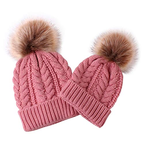 2er Pack Eltern-Kind Strickmütze Mutter & Kind Baby Familie passende Mütze Winter Warm Crochet Beanie Mütze mit Pom Pom (Rosa) von Petyoung