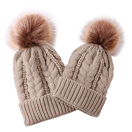 Petyoung 2er Pack Eltern-Kind Strickmütze Mutter & Kind Baby Familie passende Mütze Winter Warm Crochet Beanie Mütze mit Pom Pom (Beige) von Petyoung