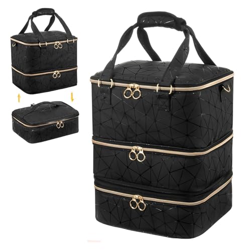 Petyoung Nagellack-Organizer-Tasche für 84 Flaschen Nagellack und eine Nagellampe, dreilagige Reise-Nagellack-Aufbewahrungstaschen, Reißverschluss-Gel-Nagellack-Aufbewahrungsbox, Schwarz , 1 Stück von Petyoung