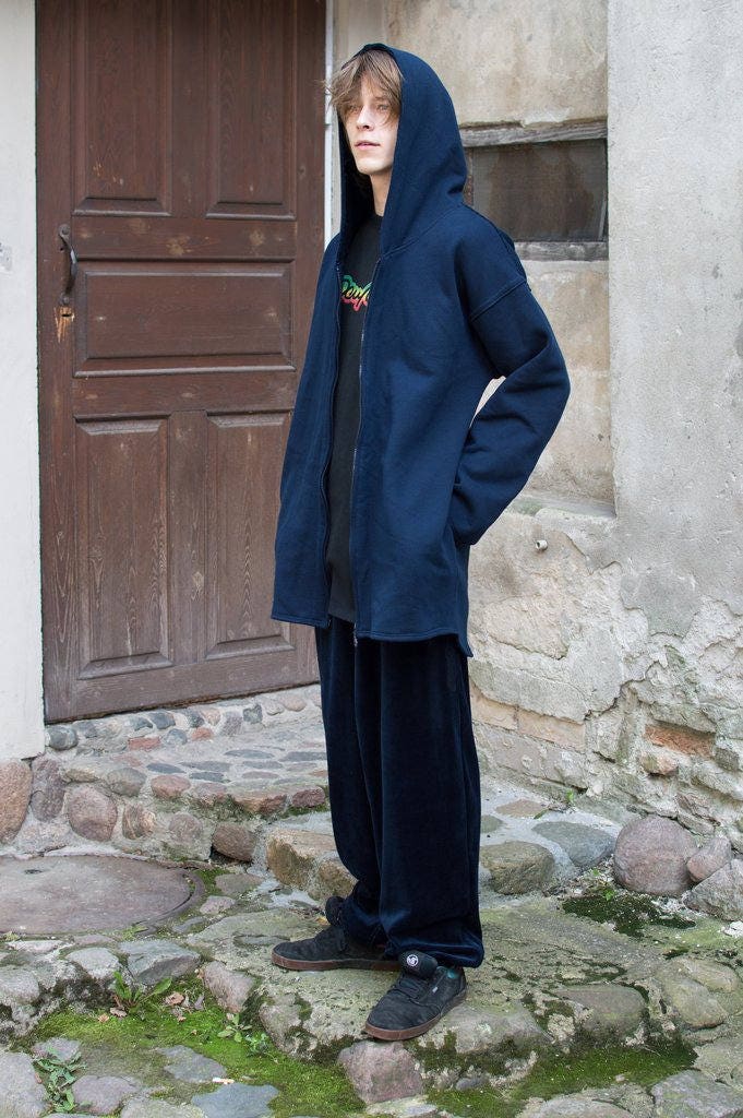 Blauer Reißverschluss Hoodie Unisex Oversize Lange Jacke Aus Baumwollmischung von PeuShop