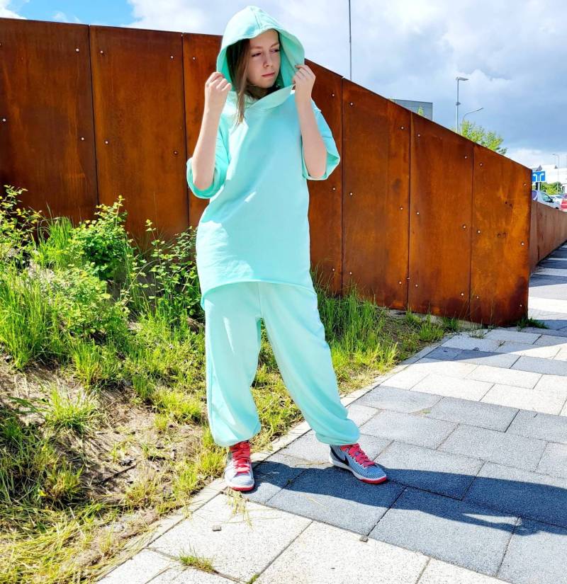 Mint Oversize Baumwoll Hoodie Kurzarm, Doppel Kapuze von PeuShop