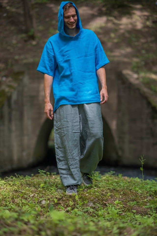 Türkis Blauer Leinen Hoodie, Damen Sommer Kapuzenshirt, Flax T-Shirt, Strand Kurzarm Oversize Kapuze, Festival Kleidung von PeuShop