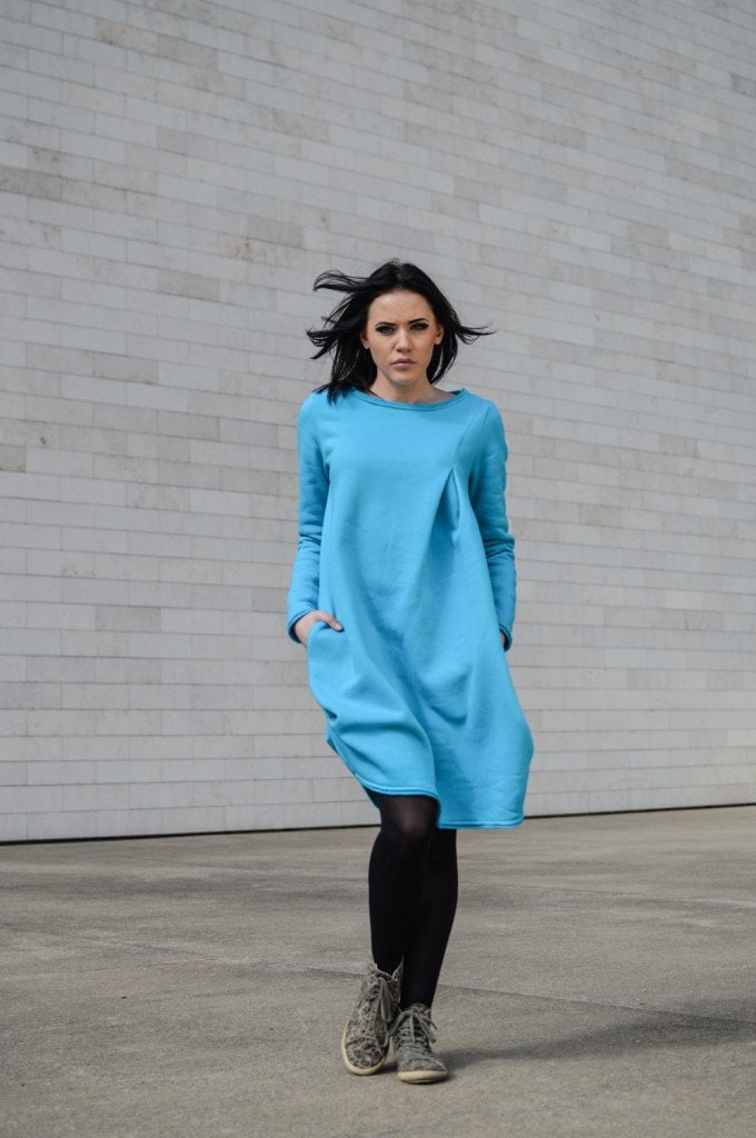 Türkises Baumwolle Sweatshirt Kleid Gemütliche Meerblaue Tunika von PeuShop