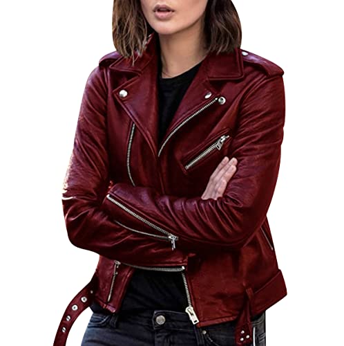 Biker Lederjacke Damen Kunstleder Kunstlederjacke Bikerjacke Pu Jacke Damen Leder Faux Leather Jacket for Women Lederjacken Kurze Pu Lederjacke Frauen Mantel Damen Biker Jacken für Damen Leder Rot 5XL von Peuignao