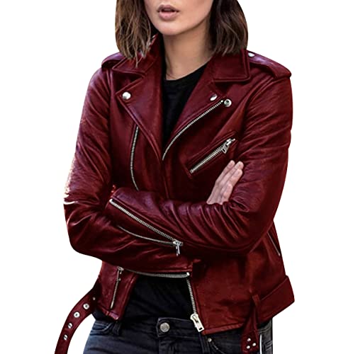 Biker Lederjacke Damen Kunstleder Kunstlederjacke Bikerjacke Pu Jacke Damen Leder Faux Leather Jacket for Women Lederjacken Kurze Pu Lederjacke Frauen Mantel Damen Biker Jacken für Damen Leder Rot 3XL von Peuignao