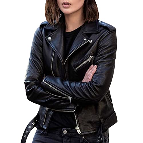 Biker Lederjacke Damen Kunstleder Kunstlederjacke Bikerjacke Pu Jacke Damen Leder Faux Leather Jacket for Women Lederjacken Kurze Pu Lederjacke Frauen Mantel Damen Biker Jacken für Damen Leder XL von Peuignao