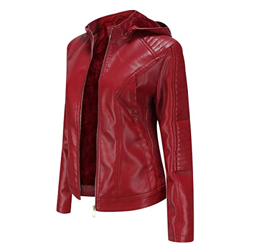 Biker Lederjacke Damen Kunstleder Kunstlederjacke Bikerjacke Pu Jacke Damen Leder Faux Leather Jacket for Women Pu Lederjacke mit Kapuze Frauen Jacken für Damen Leder Imitation Jacke Damen Rot L von Peuignao