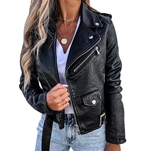 Bikerjacke Damen Kunstlederjacke Biker Faux Lederjacke Damen Kunstleder Pu Jacke Damen Leder Faux Leather Jacket for Women Lederjacken Kurze Pu Lederjacke Frauen Leder Imitation Jacke Damen XXL von Peuignao