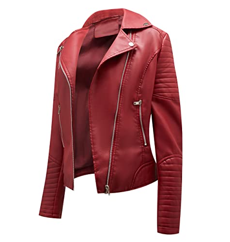 Bikerjacke Damen Kunstlederjacke Biker Lederjacke Damen Kunstleder Pu Jacke Damen Leder Faux Leather Jacket for Women Lederjacken Lederjacke Frauen Jacken für Damen Leder Imitation Jacke Damen Rot M von Peuignao