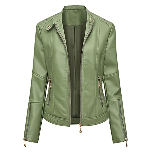 Bikerjacke Damen Kunstlederjacke Biker Lederjacke Damen Kunstleder Pu Jacke Damen Leder Faux Leather Jacket for Women Lederjacken Lederjacke Stehkragen Frauen Leder Imitation Jacke Damen Grün XL von Peuignao