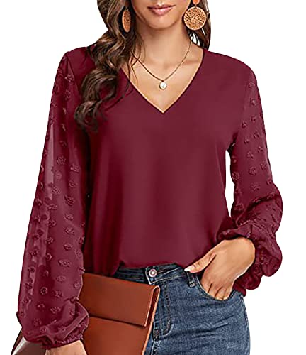 Bluse V Ausschnitt Damen Festliche Blusen Damen Hemdbluse Blusenshirt Chiffon Bluse Puffärmel Damen Langarm Elegant Sommerbluse Oversize Hemd Frauen Oberteile Damen Große Größen Lässige Süße Rojo XXL von Peuignao