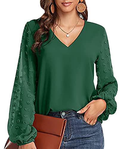 Bluse V Ausschnitt Damen Festliche Blusen Damen Hemdbluse Blusenshirt Chiffon Bluse Puffärmel Damen Langarm Elegant Sommerbluse Oversize Hemd Frauen Oberteile Damen Große Größen Lässige Süße Verde XL von Peuignao