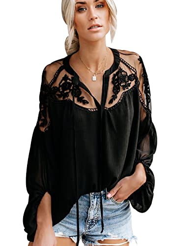 Bluse V Ausschnitt Damen Festliche Blusen Damen Hemdbluse Blusenshirt Chiffon Bluse Spitze Damen Langarm Elegant Sommerbluse Hemd Übergröße Frauen Oberteile Damen Große Größen Tunika Lässige Negro M von Peuignao