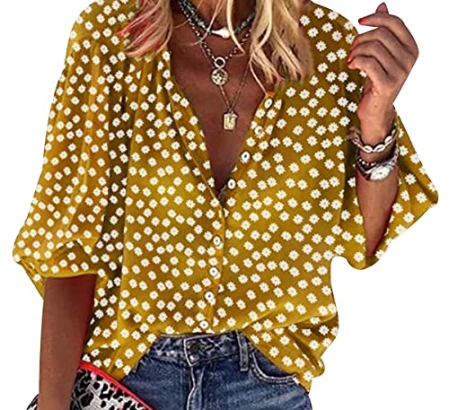 Bluse V Ausschnitt Damen Langarm Blusen Damen Geblümte Geknöpfte Top Bluse Tunika Damen Blouses for Women Hemd Oversize Frauen Elegante Blusen Damen Oberseite Bluse Blouse Übergröße Lässige Gelb M von Peuignao