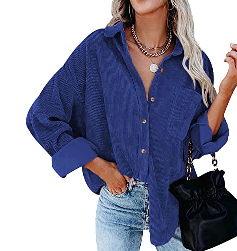 Cord Hemd Damen Oversize Hemd Übergröße Damen Langarm Elegant Oversized Cord-Hemd Damen Hemd Women Vintage Hemd Bluse Frauen Frühling Casual Lässiges Blusen Hemd Kord Locker Lässig Damen Blau L von Peuignao