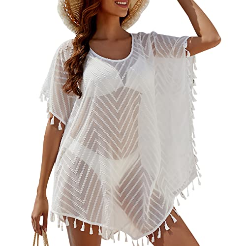 Cover Up Strandkleid Strandkleider Damen Sommer Kurz Große Größen Kleid Strand Sommerkleid Strandkleid Tunika Transparent Beachwear Damen Bikini Bathing Suit Beach Swimsuit Cover Up Cover Ups Weiß von Peuignao