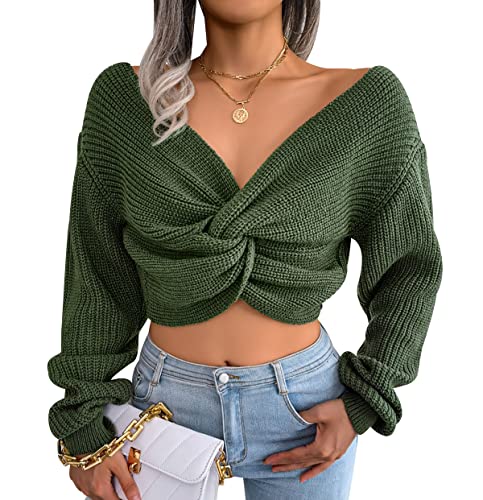 Crop Pullover Damen Strickpullover Damen Zopfmuster Cropped V Ausschnitt Pullover Damen Strick Pulli Knit Sweater Kurzer V Neck Pullover Frauen Strickpulli Gestrickter Pullover Damen Herbst Grün M von Peuignao