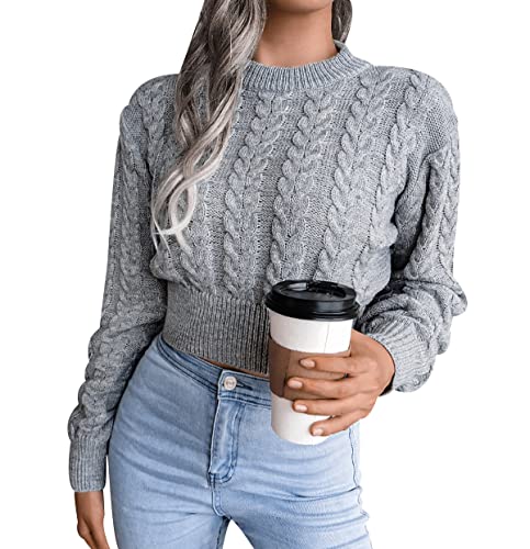 Crop Pullover Damen Strickpullover Damen Zopfmuster Dünne Cropped Pullover Damen Strick Pulli Sweater Süße Kurzer Zopfstrick Pullover Frauen Strickpulli Pullis Gestrickter Pullover Damen Herbst Grau S von Peuignao