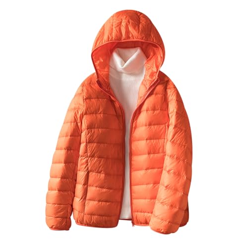 Daunenjacke Damen Leicht Leichte Dünne Daunenjacke Ultraleichte Daunen Steppjacke Daunenmantel Damen Puffer Jacket Damen mit Kapuze Winter Down Jacket Women Soft Warme Puffer Mantel Damen Orange 4XL von Peuignao