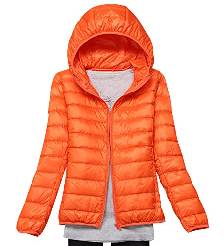 Daunenjacke Damen Leicht Packbar Puffer Jacke Leichte Steppjacke Damen Federleichte Dünne Packbare Daunenmantel Damen Leichter Steppmantel Puffer Mantel Down Jacket Daunen Pufferjacke Kaputze Orange M von Peuignao