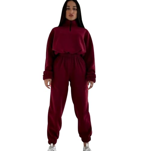 Fleece Jogginganzug Damen Set Crop Top Zipper Trainingsanzug Loungewear Damen Set Freizeitanzug Hausanzug Damen Set Kuschelig Tracksuit 2 Teiler Jogginganzüge für Frauen Trainingsanzüge Damen Rot S von Peuignao