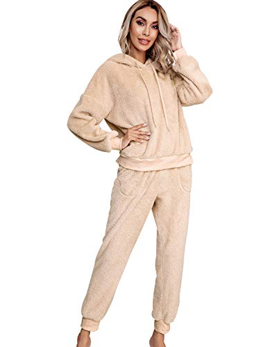 Fleece Schlafanzug Damen Flies Hausanzug Damen Hoodie Jumpsuit Flauschiger Kapuze Pyjama Set Frauen Winter Loungewear Freizeitanzug Homewear Schlafanzüge Damen Freizeitanzüge Plüsch Pyjamas Aprikose S von Peuignao