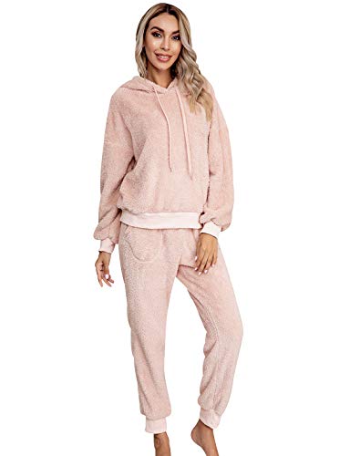 Fleece Schlafanzug Damen Flies Hausanzug Damen Hoodie Jumpsuit Flauschiger Kapuze Pyjama Set Frauen Winter Loungewear Freizeitanzug Homewear Schlafanzüge Damen Freizeitanzüge Plüsch Pyjamas Rosa S von Peuignao