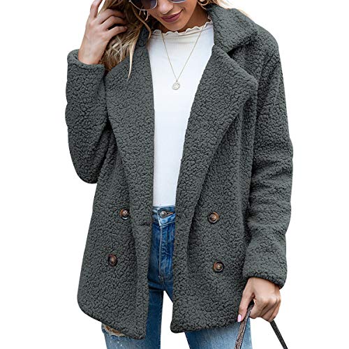 Fleecejacke Damen Revers Lange Fleecejacken Damen Teddy Fleece Mantel Damen Teddyfleece Jacke Vliesjacke Damen Winter Fleecemantel Damen Fleece Jacke Fleecejacke Frauen Oversize Vlies Mantel Grau L von Peuignao