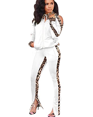 Freizeitanzug Damen Leopard Trainingsanzug Hausanzug Damen Große Größen Loungewear 2Pac Jogginganzug Damen Set Tracksuit Women Zweiteiler 2 Teiler Damen Jogginganzüge Trainingsanzüge Frauen Weiß S von Peuignao