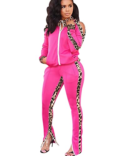 Freizeitanzug Damen Leopard Trainingsanzug Hausanzug Damen Große Größen Loungewear 2Pac Jogginganzug Damen Set Tracksuit Women Zweiteiler 2 Teiler Damen Jogginganzüge Trainingsanzüge Frauen Rosa S von Peuignao