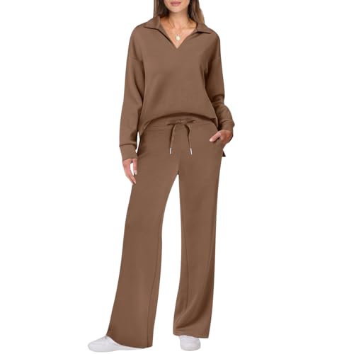Freizeitanzug Damen Trainingsanzug Damen Loungewear Damen Set Jogginganzug Damen Set Hausanzug 2-Teilig Damen Tracksuit Jogginganzüge Damen Lang Große Größen Frauen Trainingsanzüge Damen Braun 3XL von Peuignao
