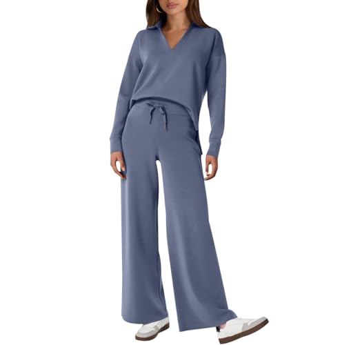 Freizeitanzug Damen Trainingsanzug Damen Loungewear Damen Set Jogginganzug Damen Set Hausanzug 2-Teilig Damen Tracksuit Jogginganzüge Damen Lang Große Größen Frauen Trainingsanzüge Damen Grau Blau L von Peuignao