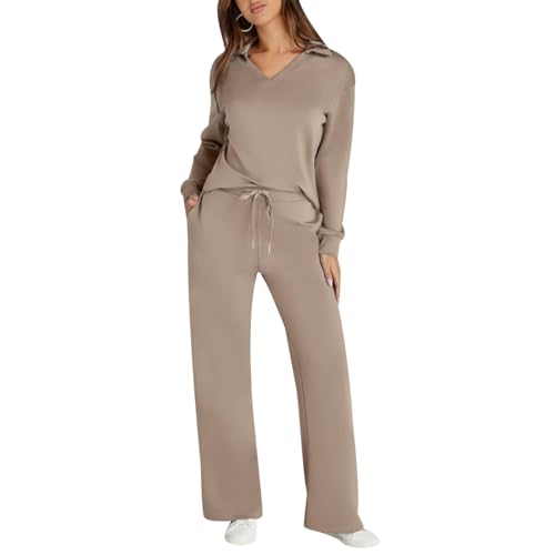 Freizeitanzug Damen Trainingsanzug Damen Loungewear Damen Set Jogginganzug Damen Set Hausanzug 2-Teilig Damen Tracksuit Jogginganzüge Damen Lang Große Größen Frauen Trainingsanzüge Damen Khaki XXL von Peuignao