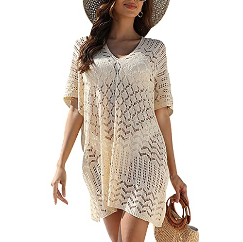 Gestrickte Strandkleid Strandkleider Damen Sommer Bikini Cover Up Damen Kurz Kleid Strand Boho Gehäkeltes Sommerkleid Strandkleid Tunika Gehäkelt Bathing Suit Swimsuit Cover Up Strick Cover Ups Beige von Peuignao