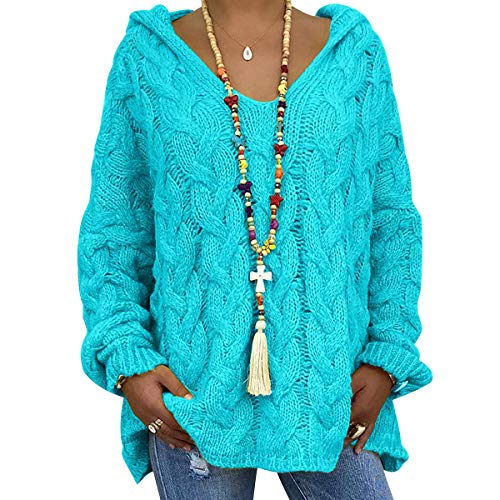 Grobstrickpullover Damen Grober Strickpullover Damen Oversize Stricken Pullover Strick Damen Zopfstrick Zopfmuster Strickpulli Damen Hoody Pullover Hoodie Damen Pullis Frauen Kapuzenpullover Blau M von Peuignao