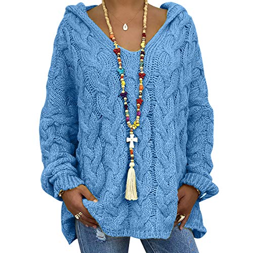 Grobstrickpullover Damen Grober Strickpullover Damen Oversize Stricken Pullover Strick Damen Zopfstrick Zopfmuster Strickpulli Damen Hoody Pullover Hoodie Damen Pullis Frauen Kapuzenpullover Blau S von Peuignao
