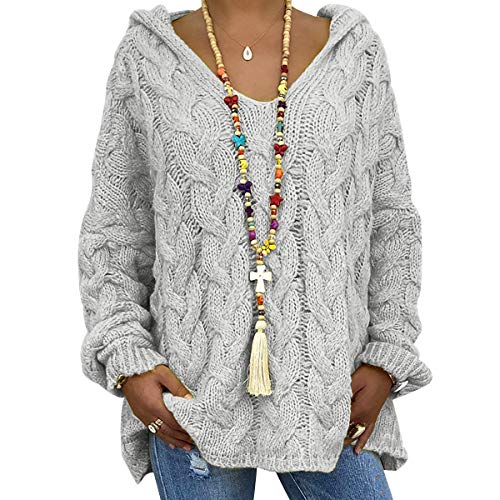 Grobstrickpullover Damen Grober Strickpullover Damen Oversize Stricken Pullover Strick Damen Zopfstrick Zopfmuster Strickpulli Damen Hoody Pullover Hoodie Damen Pullis Frauen Kapuzenpullover Grau S von Peuignao