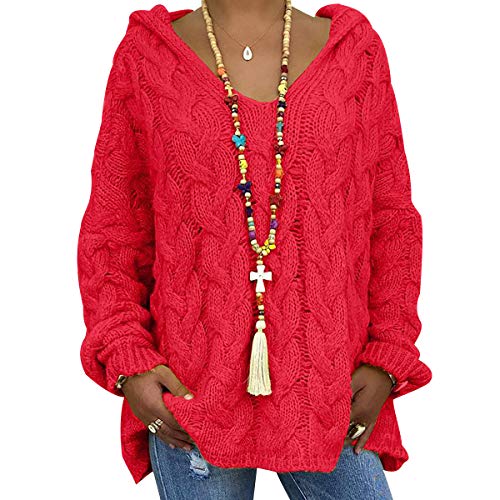 Grobstrickpullover Damen Grober Strickpullover Damen Oversize Stricken Pullover Strick Damen Zopfstrick Zopfmuster Strickpulli Damen Hoody Pullover Hoodie Damen Pullis Frauen Kapuzenpullover Rot M von Peuignao