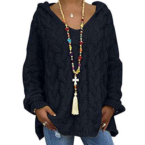 Grobstrickpullover Damen Grober Strickpullover Damen Oversize Stricken Pullover Strick Damen Zopfstrick Zopfmuster Strickpulli Hoody Pullover Hoodie Damen Pullis Frauen Kapuzenpullover Schwarz XL von Peuignao